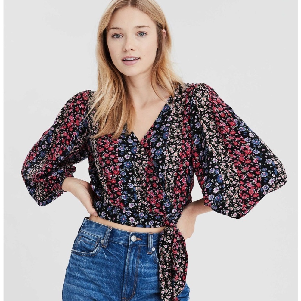 Floral Faux Wrap Top Bell Sleeves